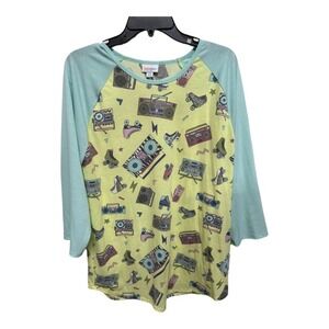 80's Retro Inspired Baseball Tee Yellow Blue LulaRoe Randy Size 2XL Roller skate